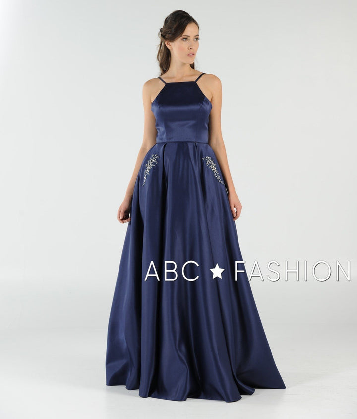 Long High Neck Satin Dress with Pockets by Poly USA 8272-Long Formal Dresses-ABC Fashion