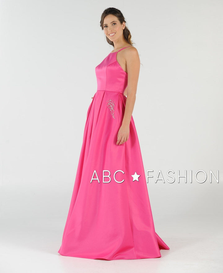 Long High Neck Satin Dress with Pockets by Poly USA 8272-Long Formal Dresses-ABC Fashion