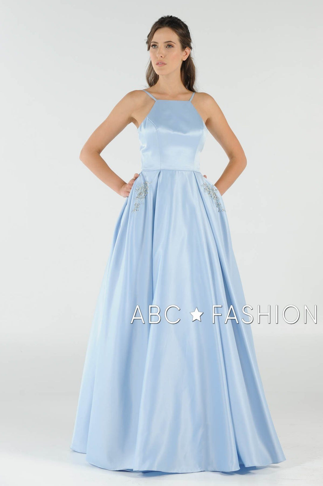 Long High Neck Satin Dress with Pockets by Poly USA 8272-Long Formal Dresses-ABC Fashion