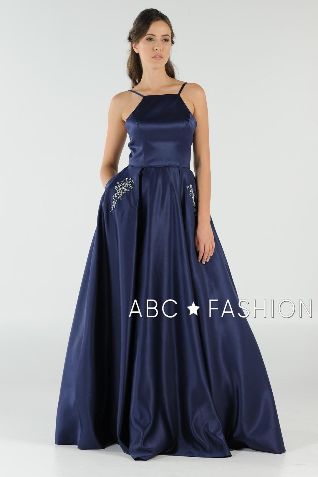 Long High Neck Satin Dress with Pockets by Poly USA 8272-Long Formal Dresses-ABC Fashion