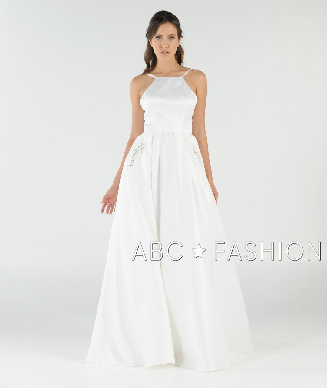 Long High Neck Satin Dress with Pockets by Poly USA 8272-Long Formal Dresses-ABC Fashion
