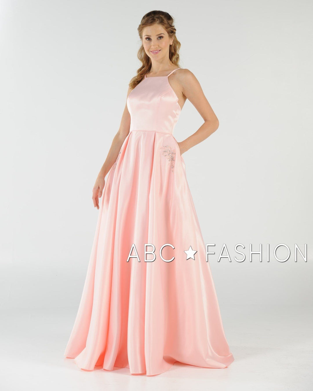 Long High Neck Satin Dress with Pockets by Poly USA 8272-Long Formal Dresses-ABC Fashion