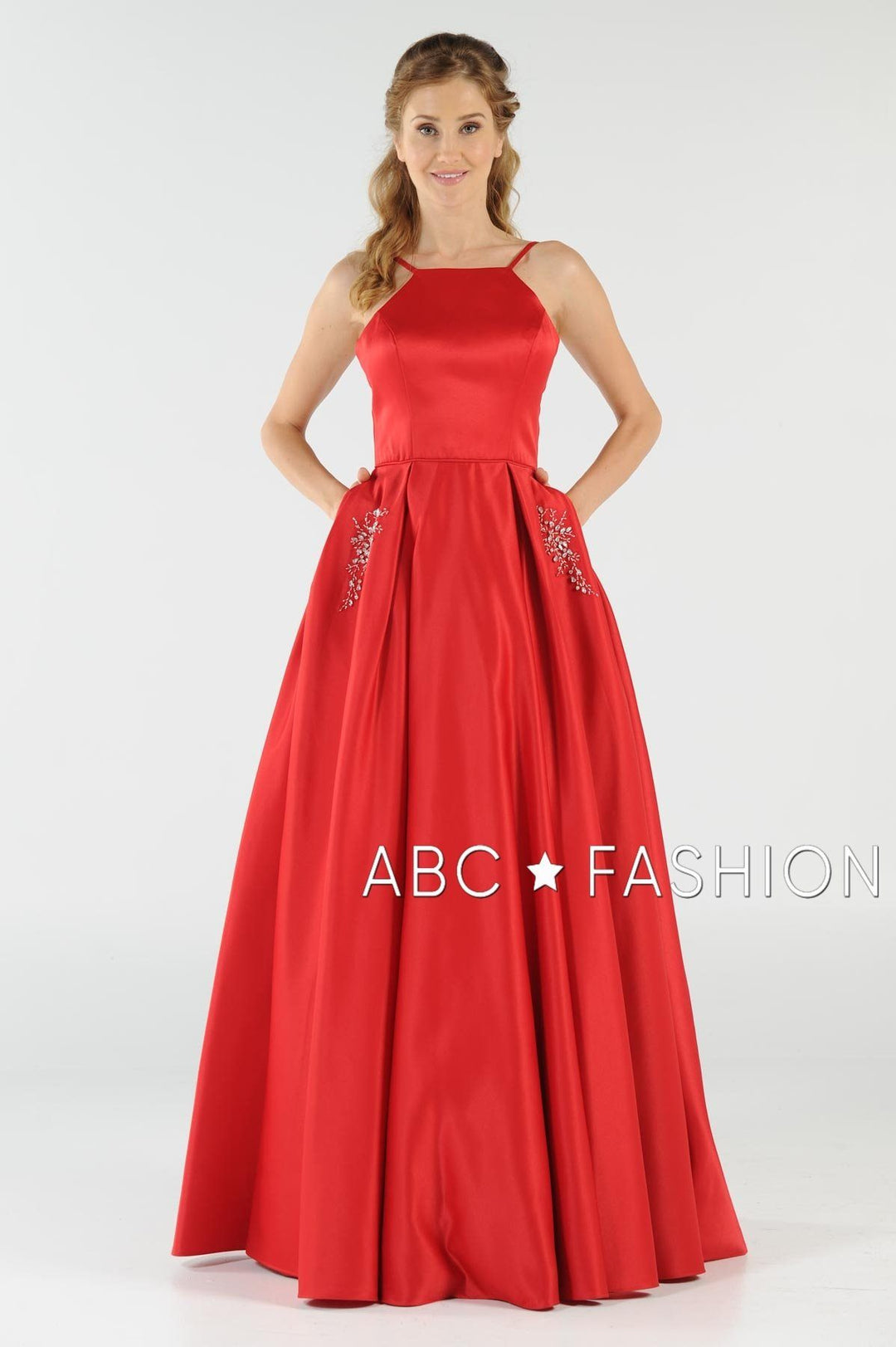 Long High Neck Satin Dress with Pockets by Poly USA 8272-Long Formal Dresses-ABC Fashion