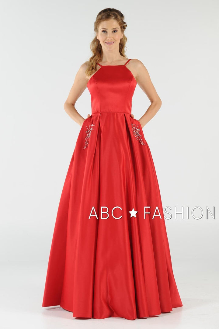 Long High Neck Satin Dress with Pockets by Poly USA 8272-Long Formal Dresses-ABC Fashion