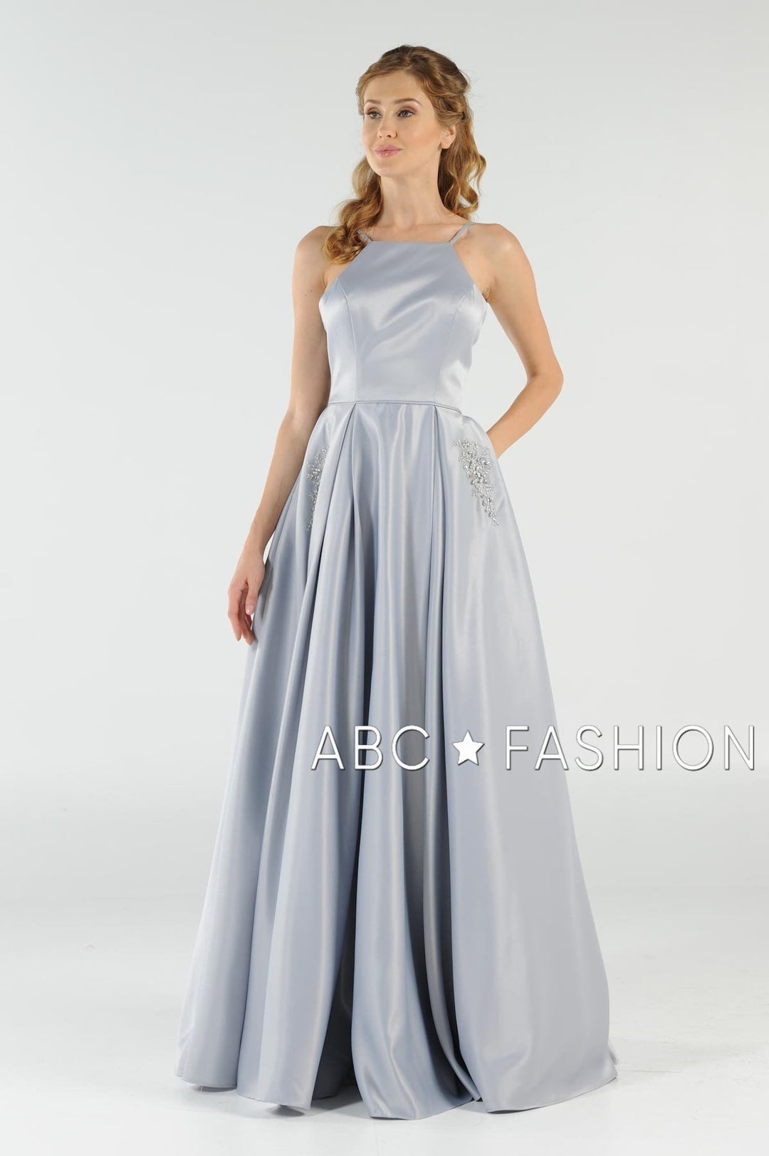 Long High Neck Satin Dress with Pockets by Poly USA 8272-Long Formal Dresses-ABC Fashion