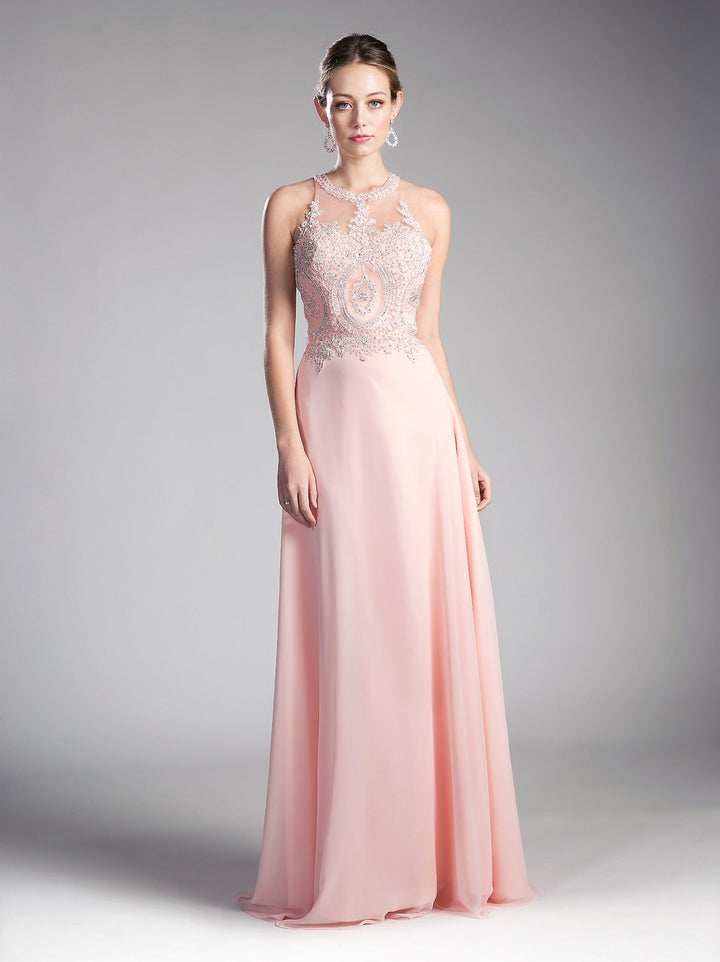 Long Illusion Dress with Appliqued Bodice by Cinderella Divine UJ0120-Long Formal Dresses-ABC Fashion