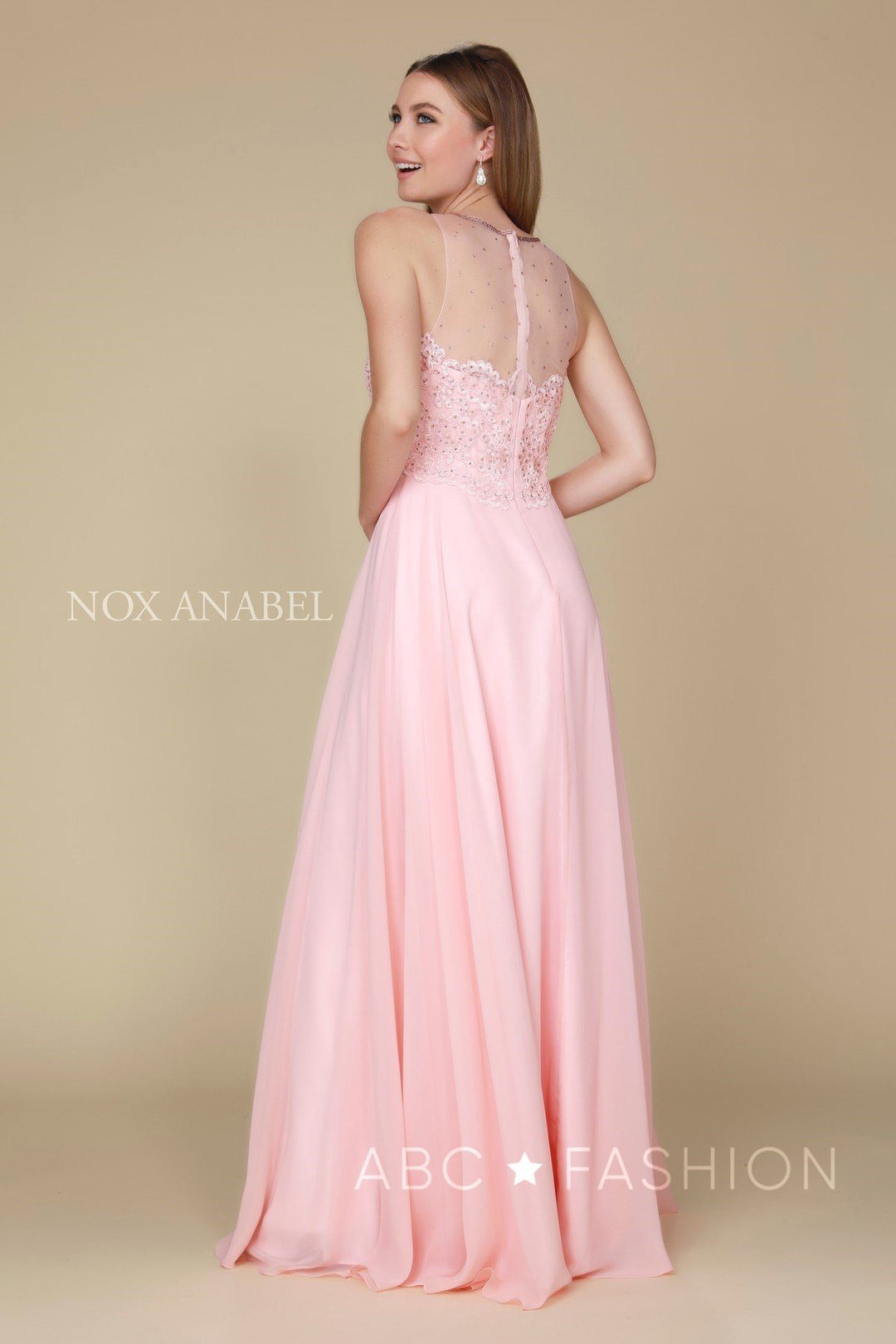 Long Illusion Dress with Appliqued Bodice by Nox Anabel Y009