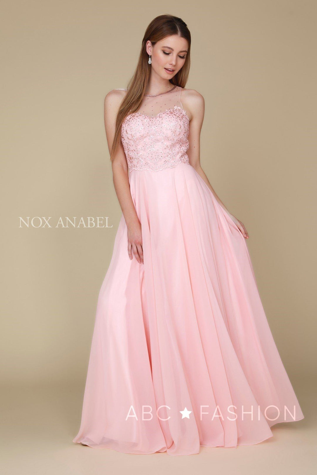 Long Illusion Dress with Appliqued Bodice by Nox Anabel Y009