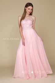 Long Illusion Dress with Appliqued Bodice by Nox Anabel Y009