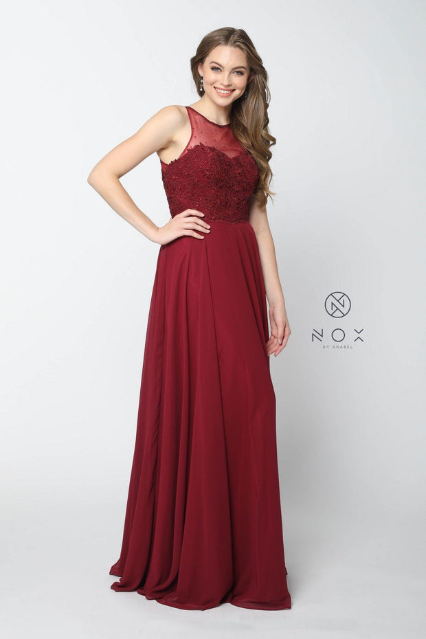 Long Illusion Dress with Appliqued Bodice by Nox Anabel Y009