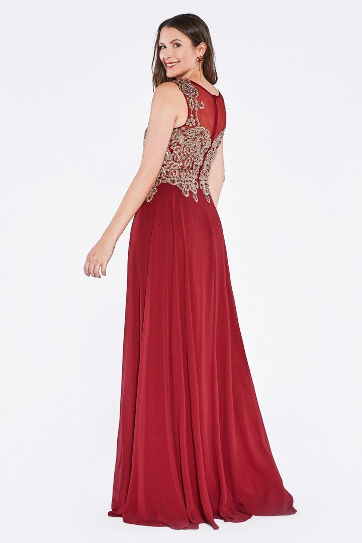 Long Illusion Dress with Beaded Embroidery by Cinderella Divine 2635-Long Formal Dresses-ABC Fashion