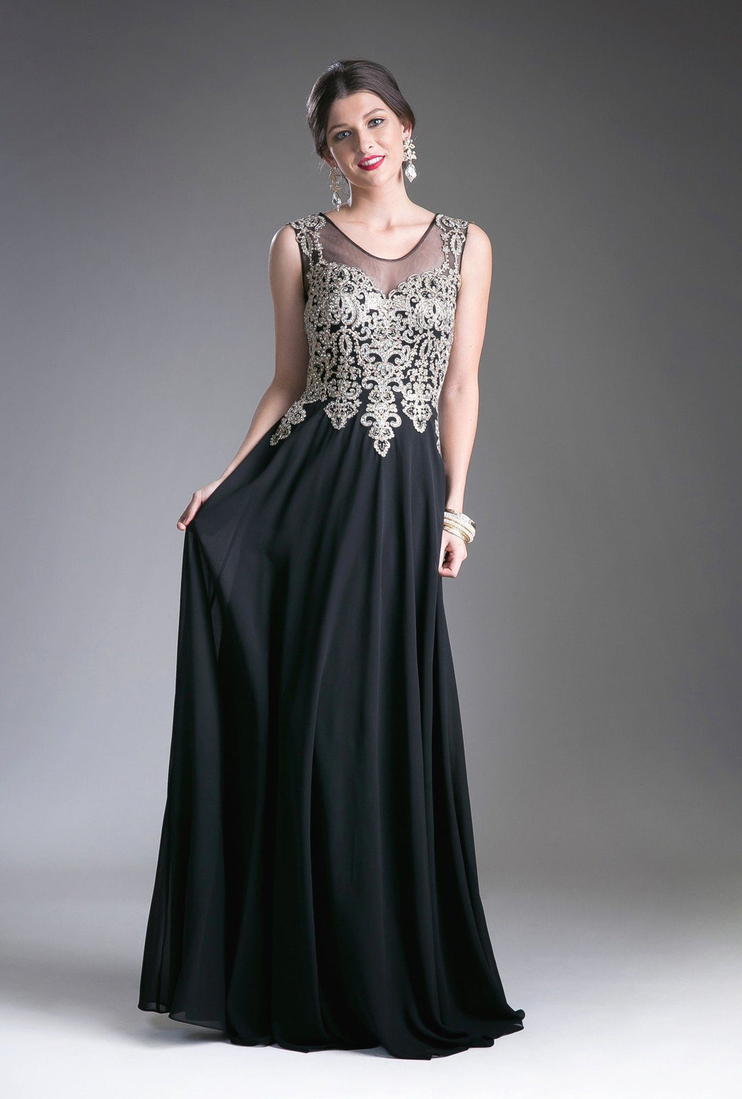 Long Illusion Dress with Beaded Embroidery by Cinderella Divine 2635-Long Formal Dresses-ABC Fashion