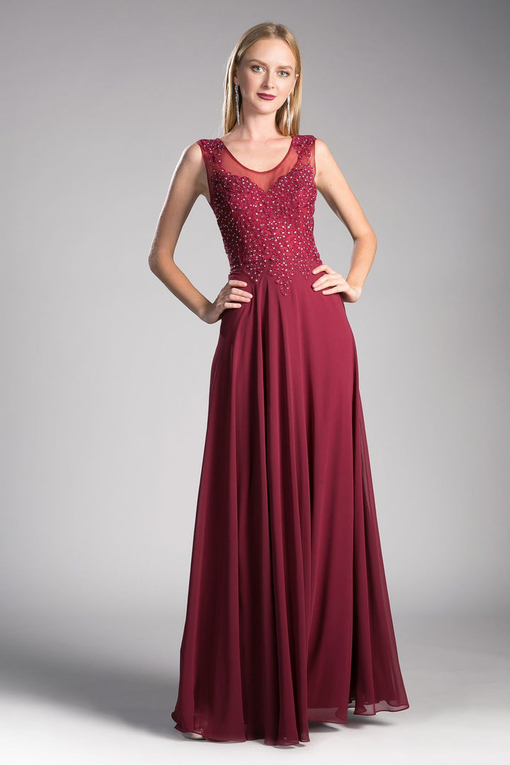 Long Illusion Dress with Beaded Embroidery by Cinderella Divine 2635-Long Formal Dresses-ABC Fashion