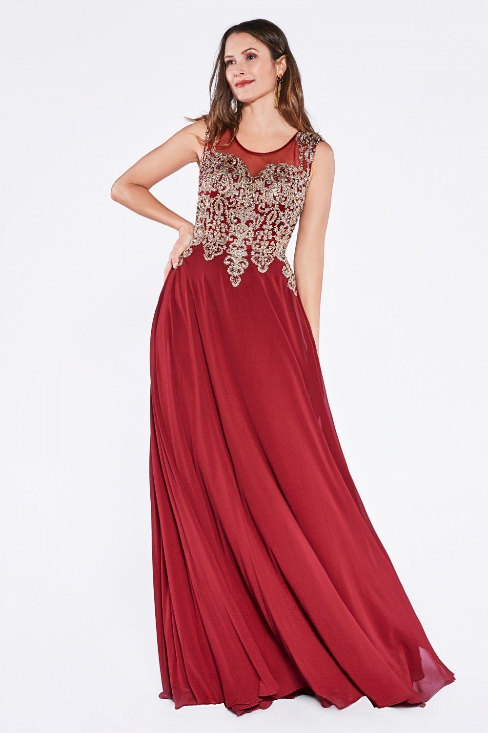 Long Illusion Dress with Beaded Embroidery by Cinderella Divine 2635-Long Formal Dresses-ABC Fashion