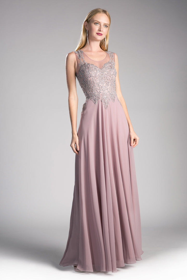 Long Illusion Dress with Beaded Embroidery by Cinderella Divine 2635-Long Formal Dresses-ABC Fashion