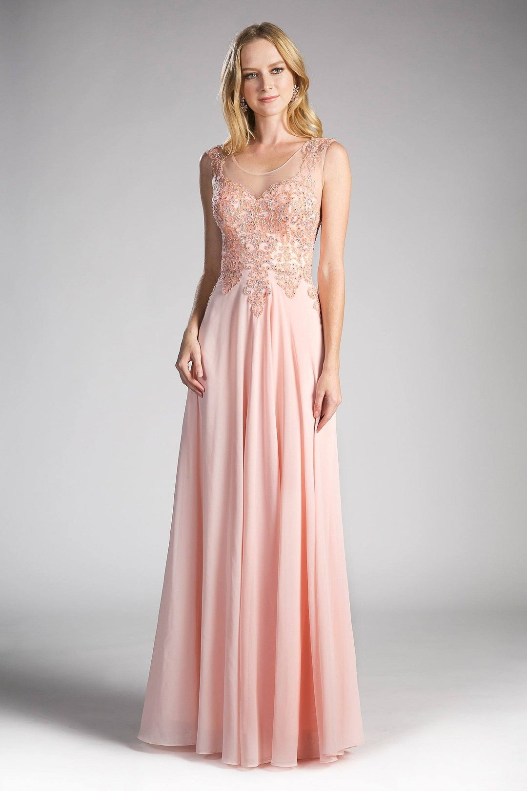 Long Illusion Dress with Beaded Embroidery by Cinderella Divine 2635-Long Formal Dresses-ABC Fashion