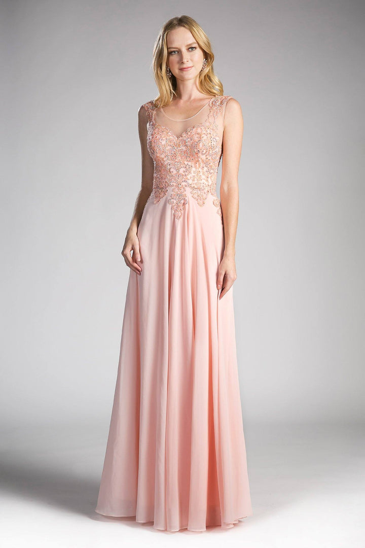 Long Illusion Dress with Beaded Embroidery by Cinderella Divine 2635-Long Formal Dresses-ABC Fashion