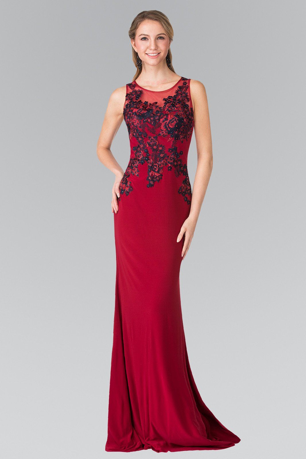 Long Illusion Dress with Floral Embroidery by Elizabeth K GL2238-Long Formal Dresses-ABC Fashion