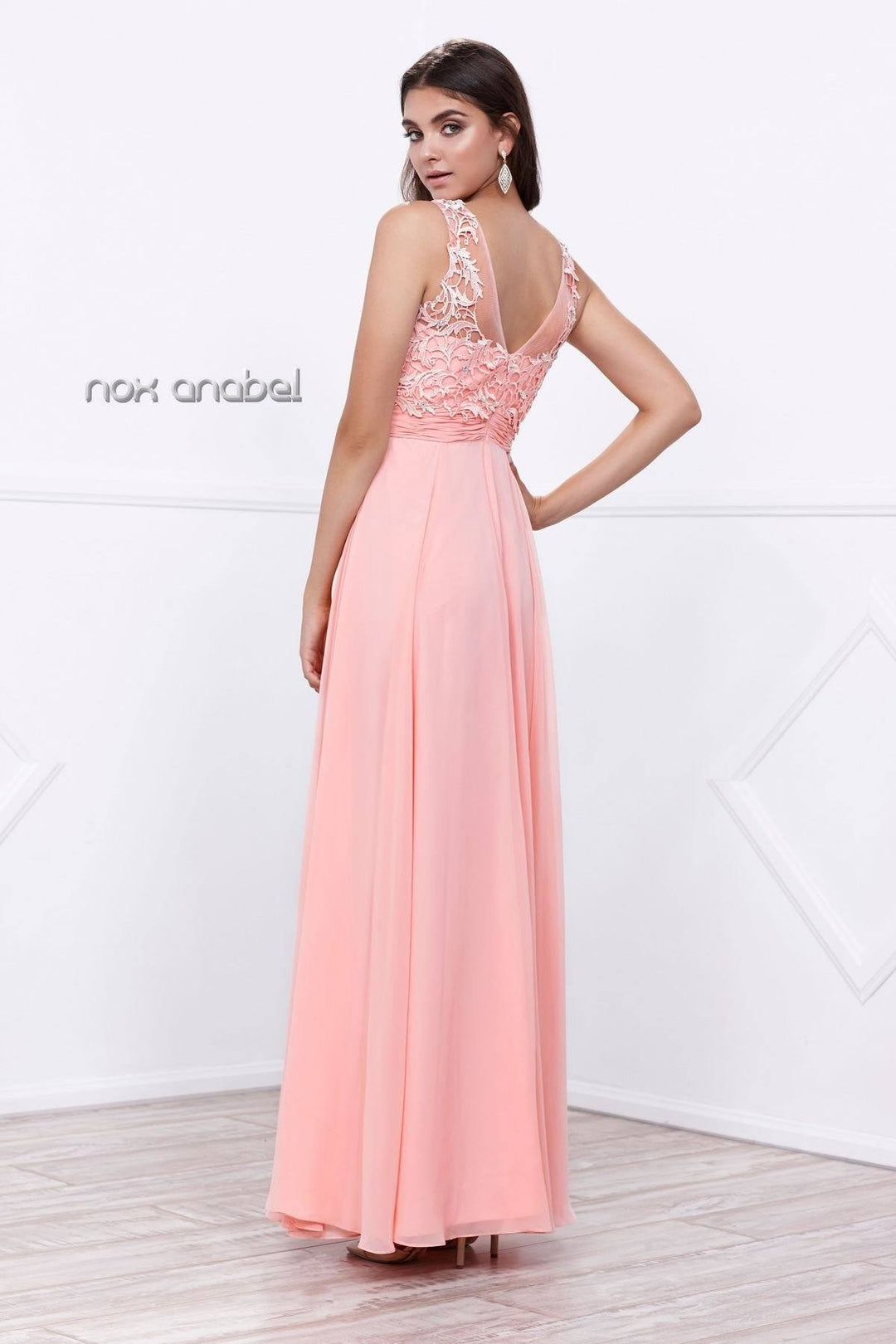 Long Illusion Dress with Lace Bodice by Nox Anabel 8334-Long Formal Dresses-ABC Fashion