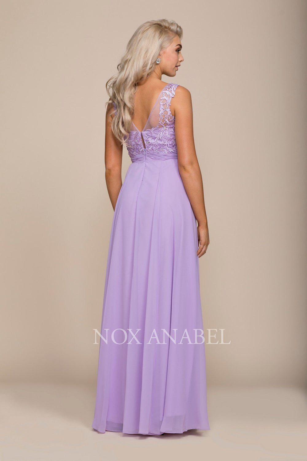 Long Illusion Dress with Lace Bodice by Nox Anabel 8334-Long Formal Dresses-ABC Fashion