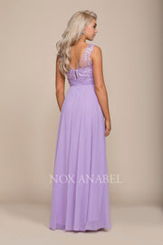 Long Illusion Dress with Lace Bodice by Nox Anabel 8334-Long Formal Dresses-ABC Fashion