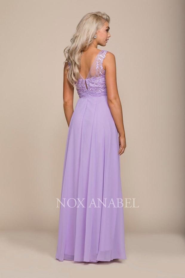 Long Illusion Dress with Lace Bodice by Nox Anabel 8334-Long Formal Dresses-ABC Fashion
