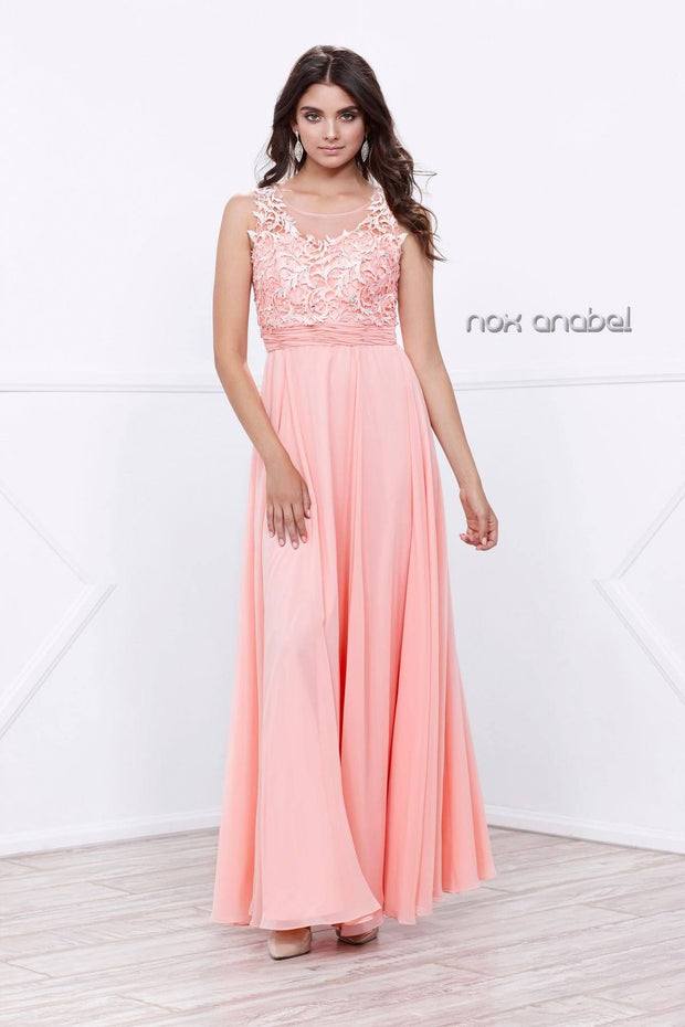 Long Illusion Dress with Lace Bodice by Nox Anabel 8334-Long Formal Dresses-ABC Fashion