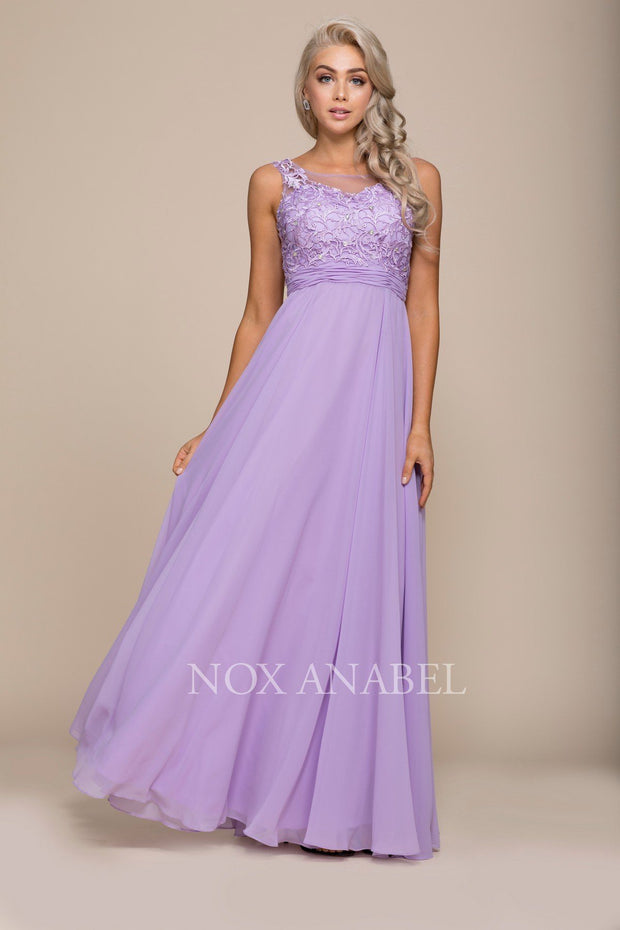 Long Illusion Dress with Lace Bodice by Nox Anabel 8334-Long Formal Dresses-ABC Fashion