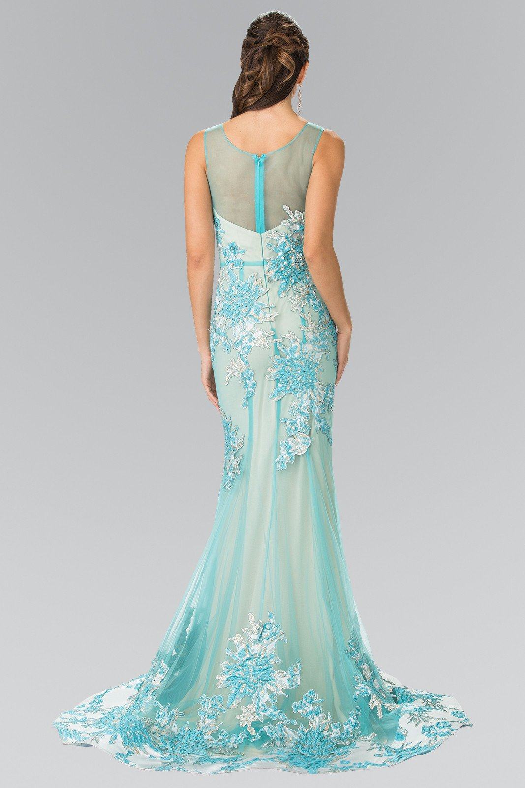 embroidered lace sheer illusion long prom dress Illusion Lace Overlay Gown with Plunging Neckline 07399