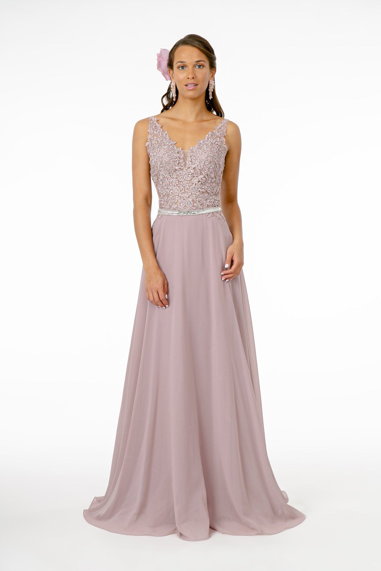 Long Illusion V-Neck Dress with Embroidered Top by Elizabeth K GL2653 ...