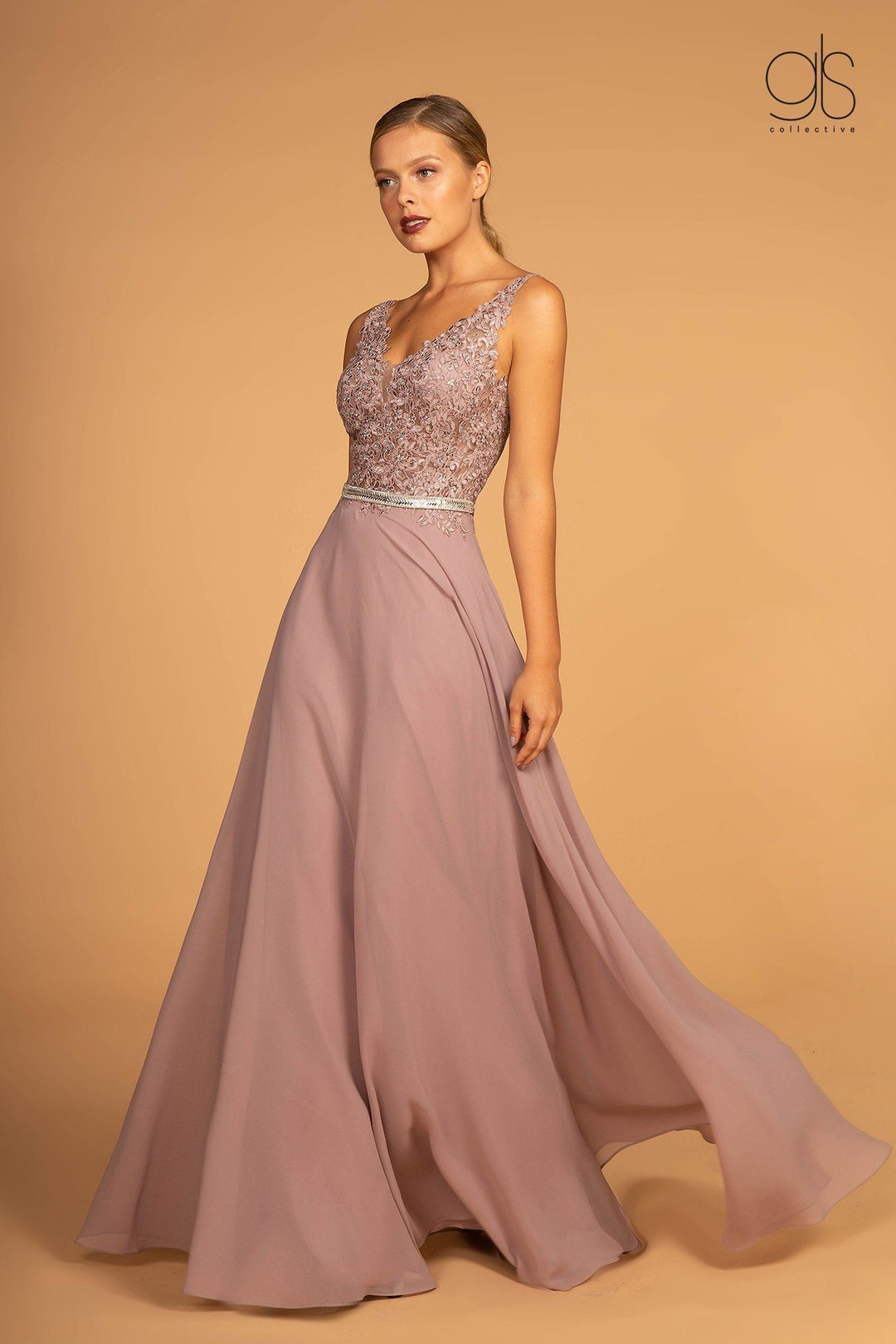 Long Illusion V-Neck Dress with Embroidered Top by Elizabeth K GL2653-Long Formal Dresses-ABC Fashion