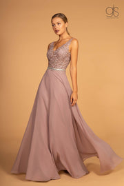 Long Illusion V-Neck Dress with Embroidered Top by Elizabeth K GL2653-Long Formal Dresses-ABC Fashion