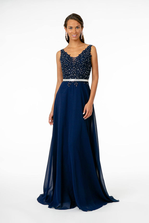 Long Illusion V-Neck Dress with Embroidered Top by Elizabeth K GL2653