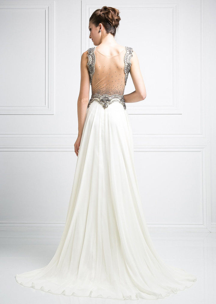 Long Illusion V-Neck Dress with Sheer Back by Cinderella Divine J748-Long Formal Dresses-ABC Fashion
