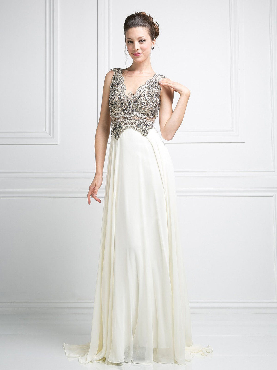 Long Illusion V-Neck Dress with Sheer Back by Cinderella Divine J748-Long Formal Dresses-ABC Fashion