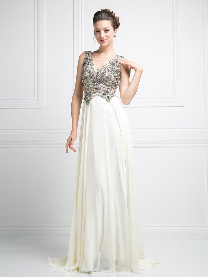 Long Illusion V-Neck Dress with Sheer Back by Cinderella Divine J748-Long Formal Dresses-ABC Fashion