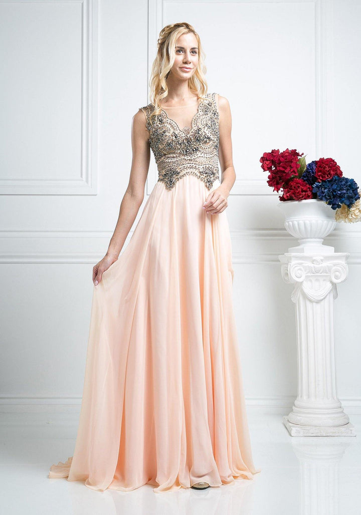 Long Illusion V-Neck Dress with Sheer Back by Cinderella Divine J748-Long Formal Dresses-ABC Fashion