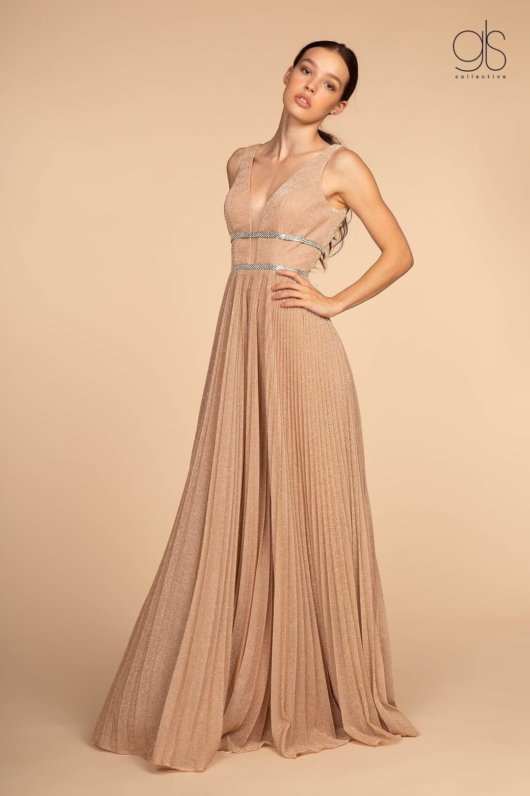 Long Illusion V-Neck Metallic Dress by Elizabeth K GL2501-Long Formal Dresses-ABC Fashion