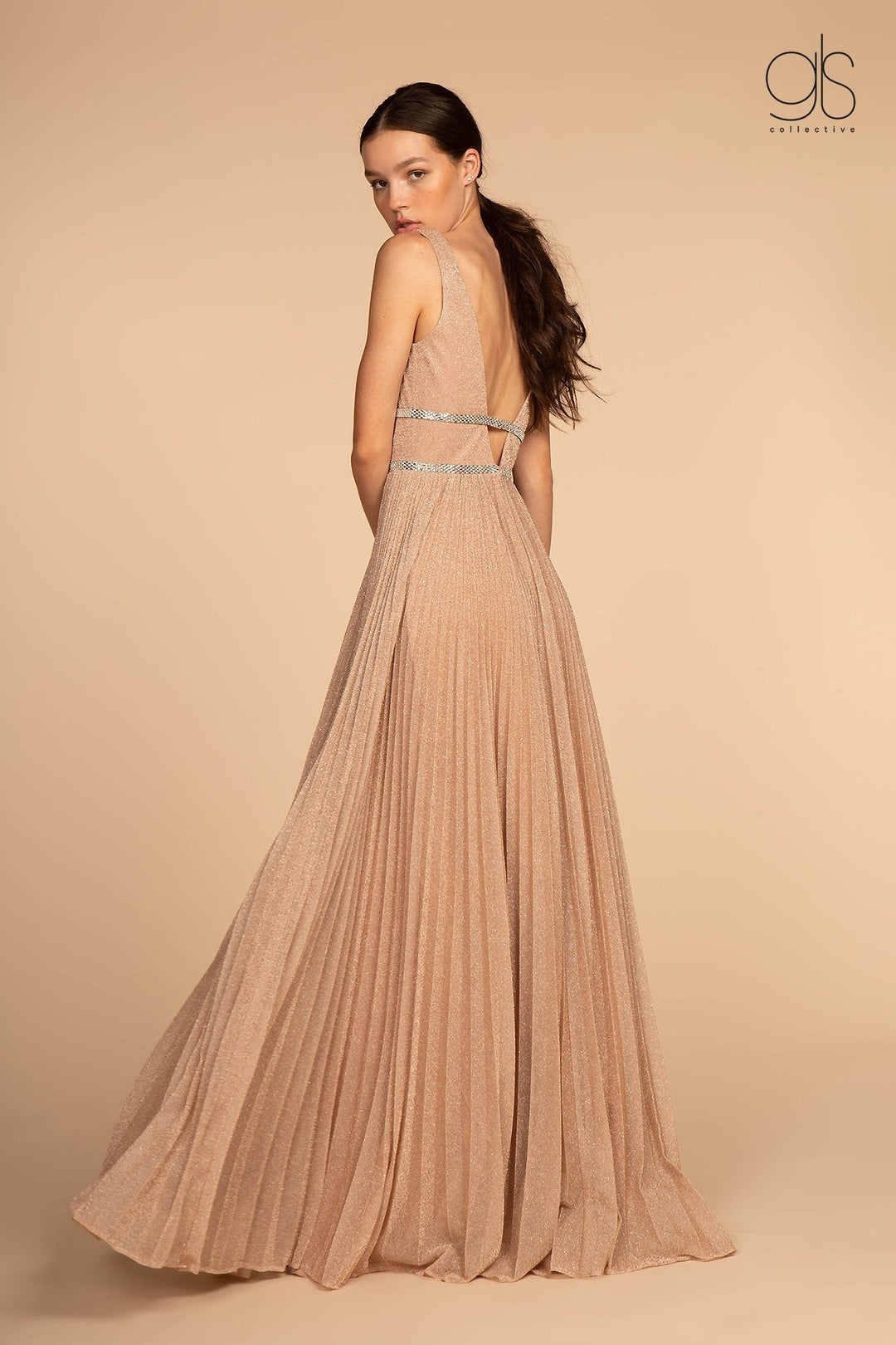 Long Illusion V-Neck Metallic Dress by Elizabeth K GL2501-Long Formal Dresses-ABC Fashion