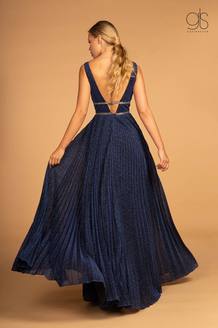 Long Illusion V-Neck Metallic Dress by Elizabeth K GL2501-Long Formal Dresses-ABC Fashion