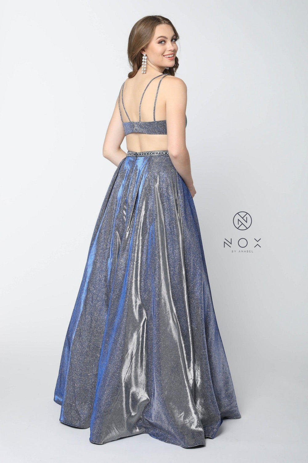 Long Iridescent Glitter Dress with Cut Outs by Nox Anabel E245-Long Formal Dresses-ABC Fashion