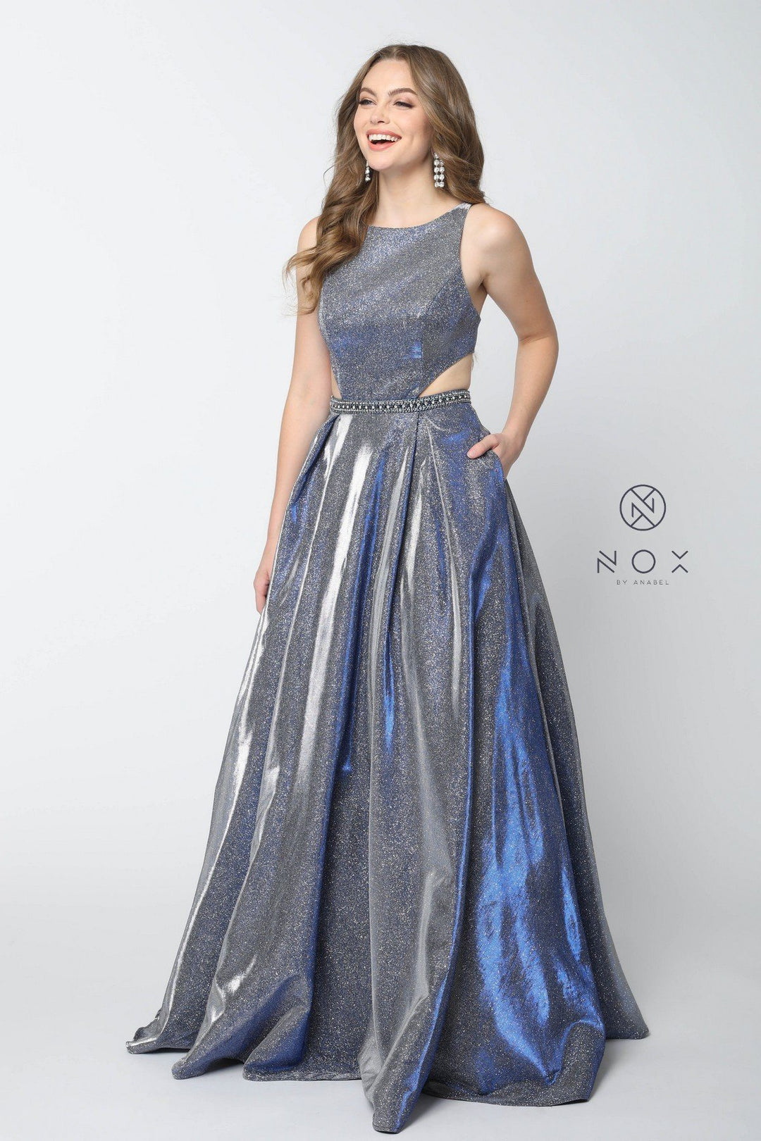 Long Iridescent Glitter Dress with Cut Outs by Nox Anabel E245-Long Formal Dresses-ABC Fashion