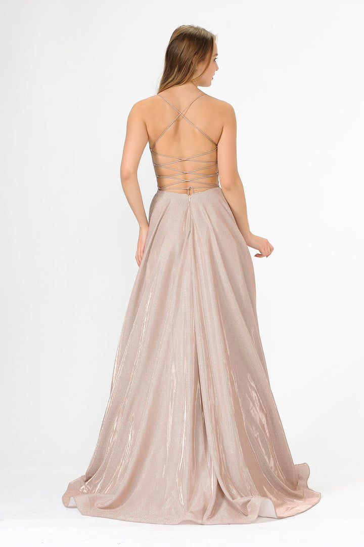 Long Iridescent Glitter Dress with Open Corset Back by Poly USA 8458-Long Formal Dresses-ABC Fashion