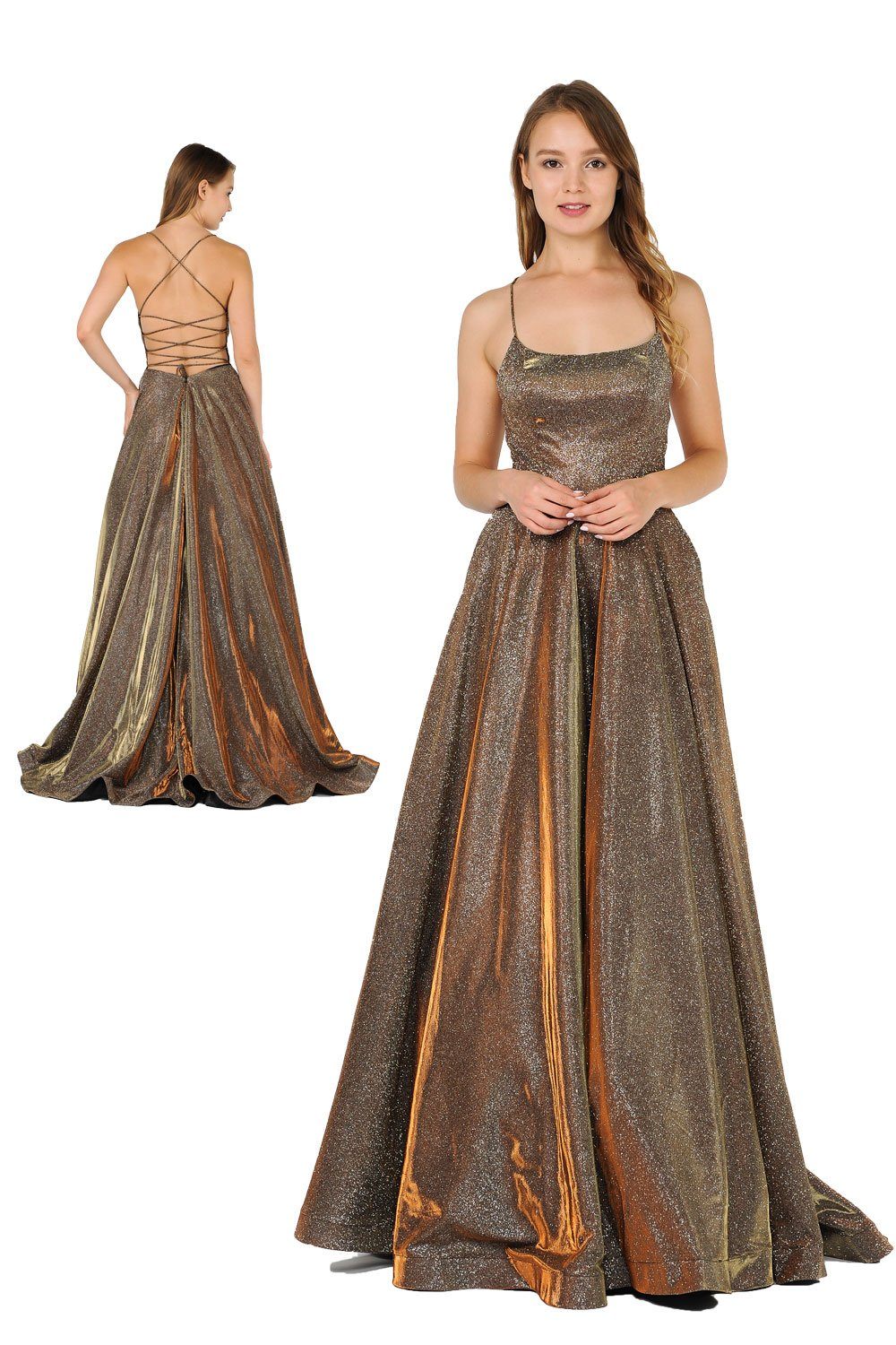 Long Iridescent Glitter Dress with Open Corset Back by Poly USA 8458-Long Formal Dresses-ABC Fashion