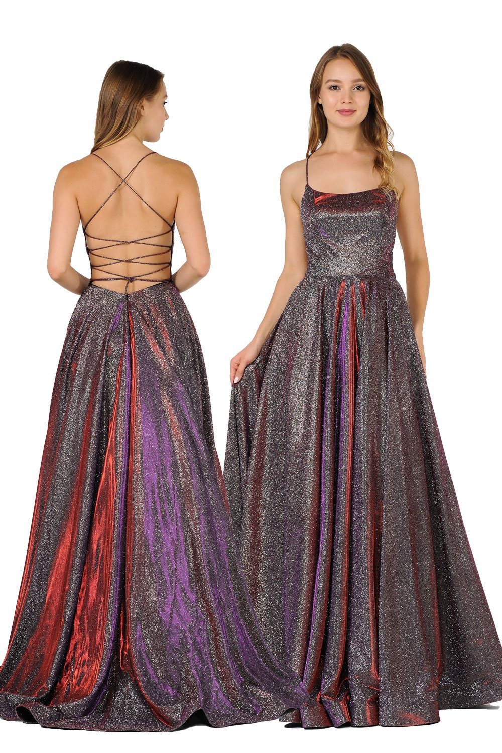 Long Iridescent Glitter Dress with Open Corset Back by Poly USA 8458-Long Formal Dresses-ABC Fashion