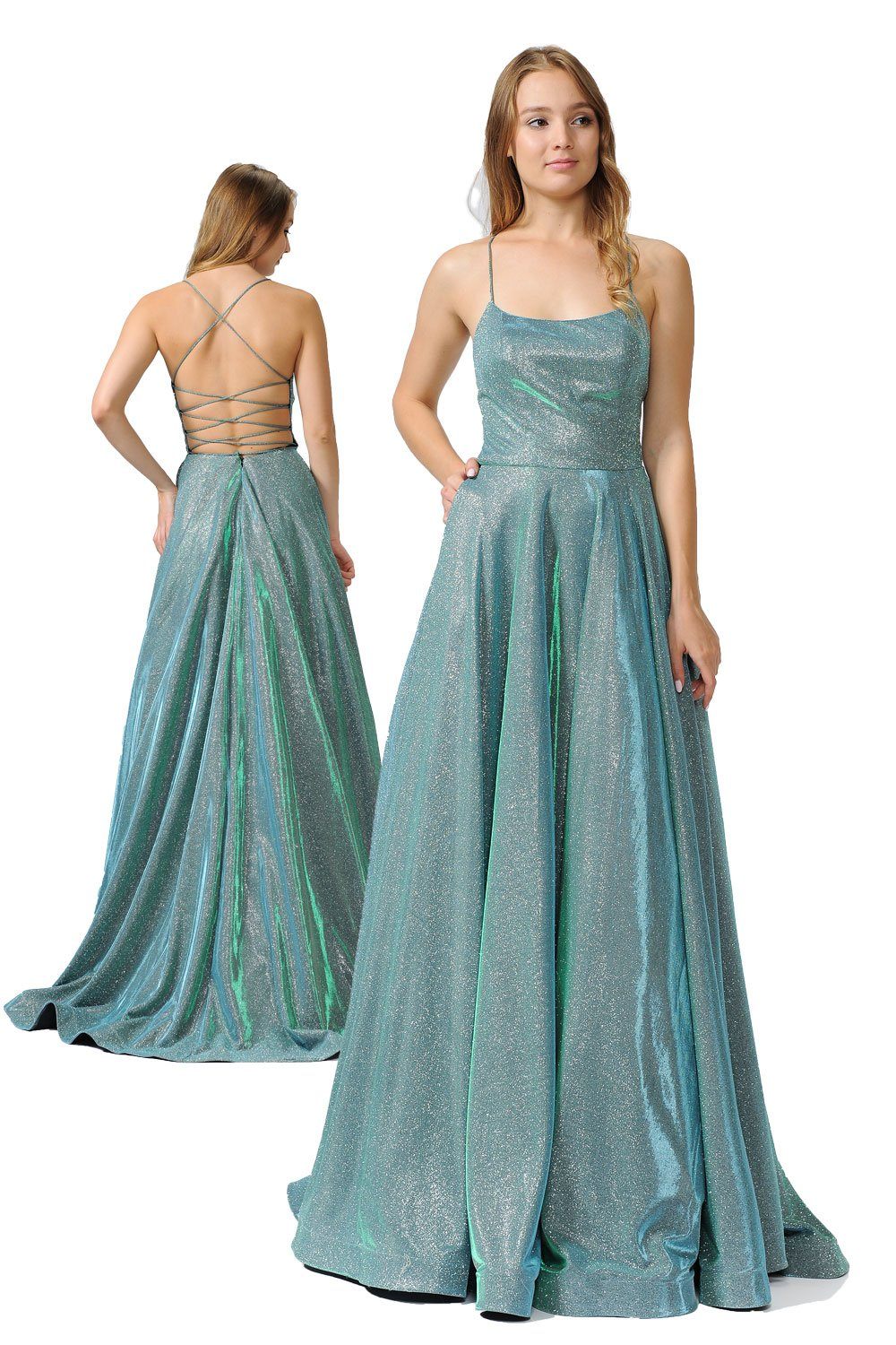 Long Iridescent Glitter Dress with Open Corset Back by Poly USA 8458-Long Formal Dresses-ABC Fashion