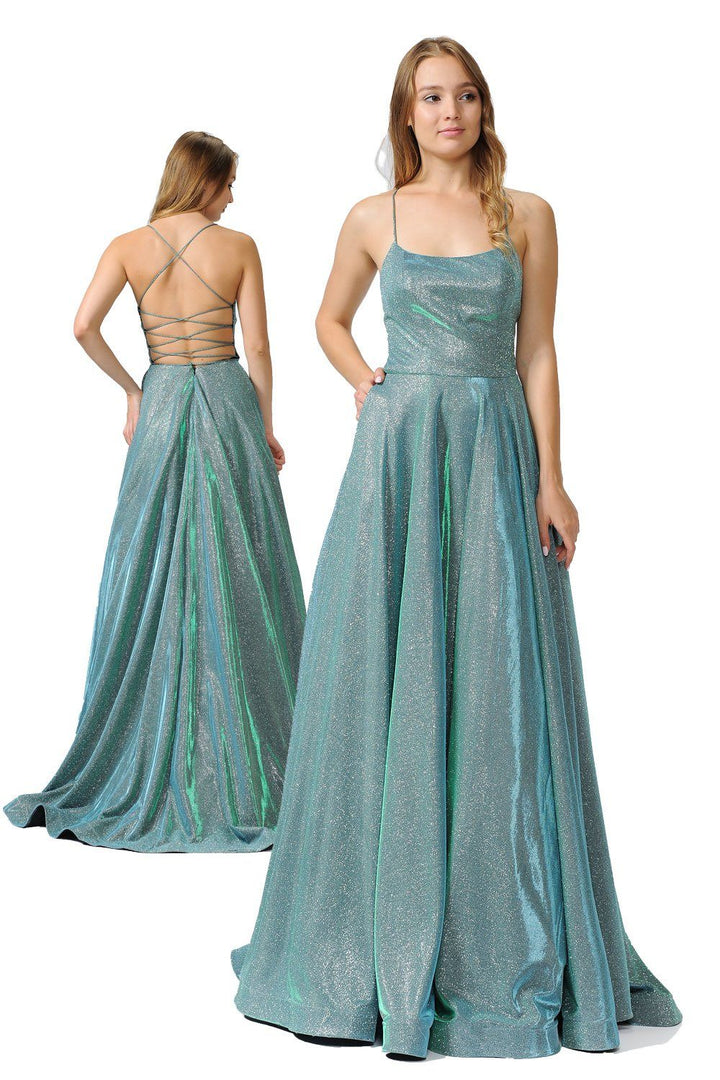 Long Iridescent Glitter Dress with Open Corset Back by Poly USA 8458-Long Formal Dresses-ABC Fashion