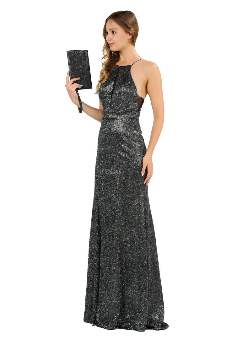 Long Iridescent Glitter High-Neck Dress by Poly USA 8382-Long Formal Dresses-ABC Fashion