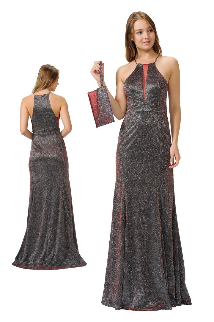 Long Iridescent Glitter High-Neck Dress by Poly USA 8382-Long Formal Dresses-ABC Fashion