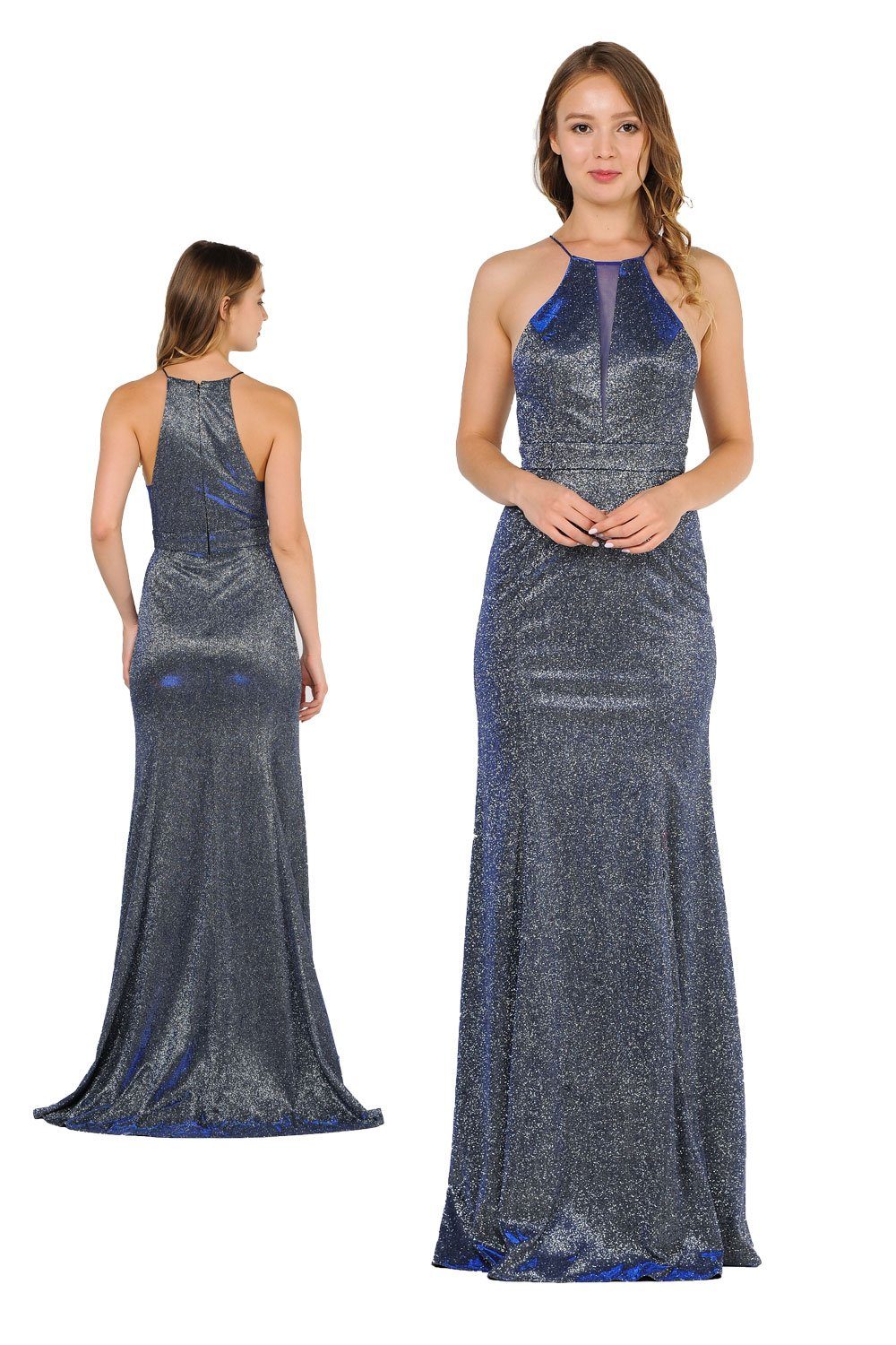Long Iridescent Glitter High-Neck Dress by Poly USA 8382-Long Formal Dresses-ABC Fashion